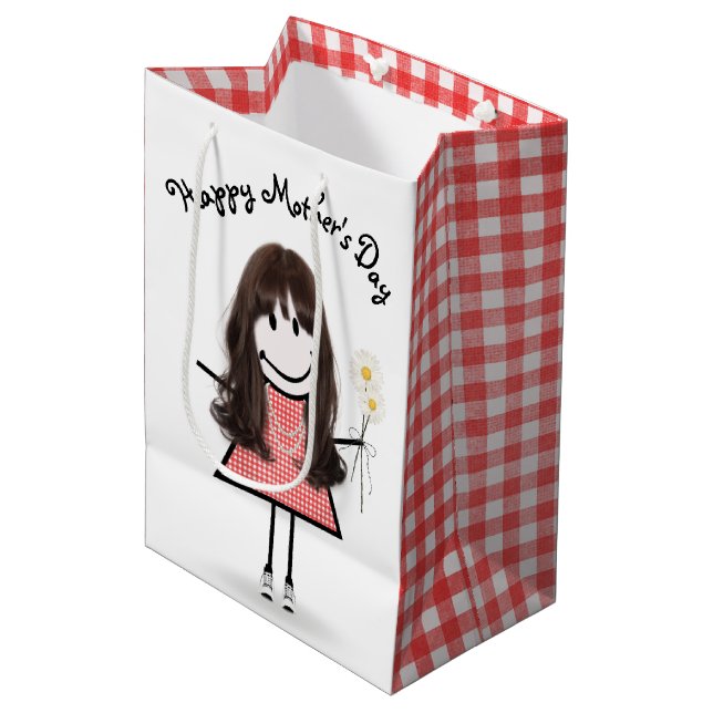Sac Cadeau Moyen Stick de la Fête des Mères fille avec marguerites (Devant Angle)