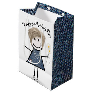 Sac Cadeau Moyen Stick de la Fête des Mères fille avec marguerites