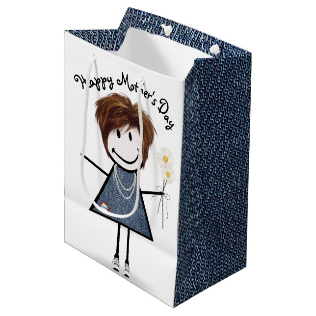 Sac Cadeau Moyen Stick de la Fête des Mères fille avec marguerites (Devant Angle)