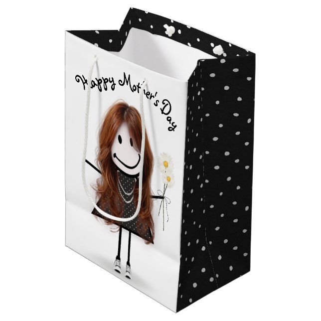 Sac Cadeau Moyen Stick de la Fête des Mères fille avec marguerites (Devant Angle)