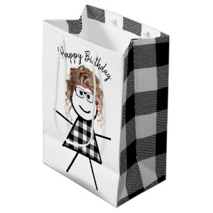 Sac Cadeau Moyen Stick Girl avec cheveux et Motif de Buffalo Plaid