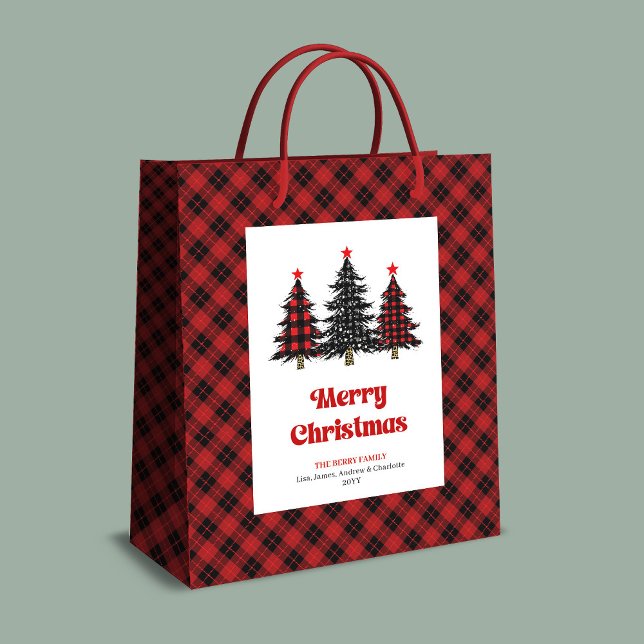 Sac Cadeau Moyen Stylish red black tartan Christmas gift bag name (Stylish red black tartan Christmas gift bag name)