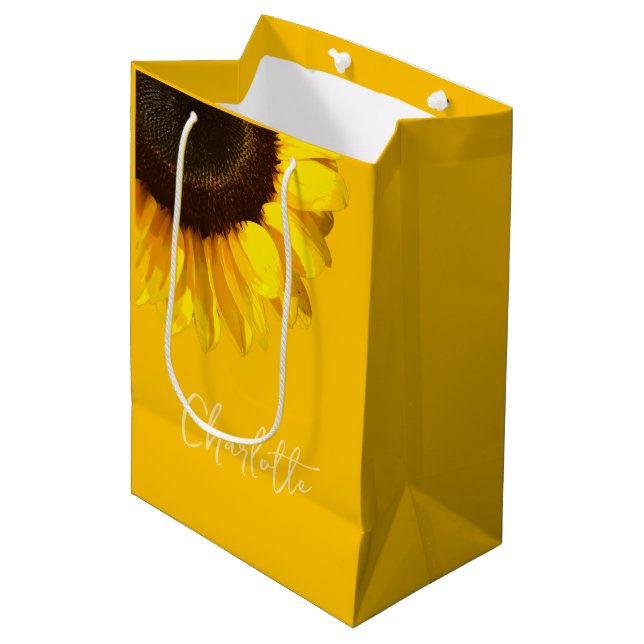 Sac Cadeau Moyen Summertime Yellow Sunflower Nom personnalisable (Devant Angle)