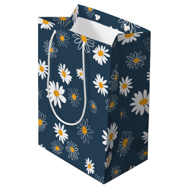 Sac Cadeau Moyen Superbe Marine Jaune Blanc Classique Fleurs de mar (Dos Angle)