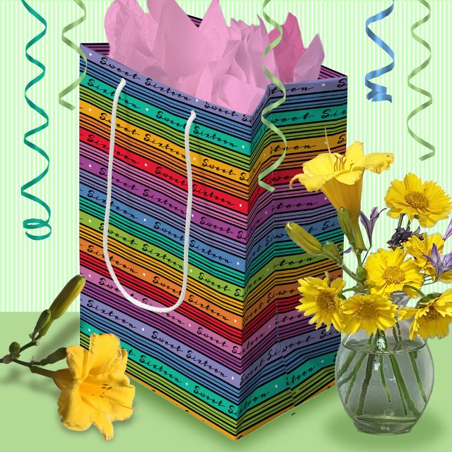 Sac Cadeau Moyen Sweet 16 Anniversaire Rainbow Stripes (Créateur téléchargé)