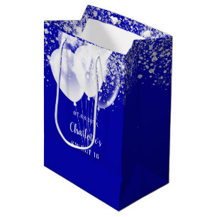 Sac Cadeau Moyen Sweet 16 bleu royal blanc parties scintillant nom