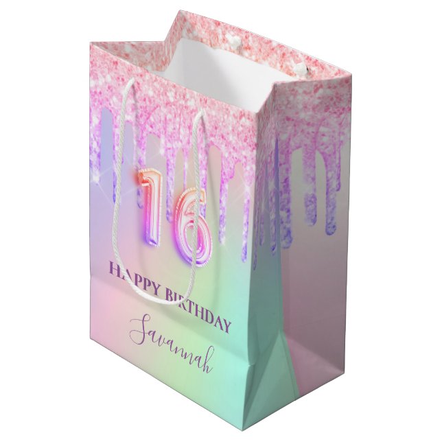 Sac Cadeau Moyen Sweet 16 gouttes de parties scintillant rose nom h (Devant Angle)