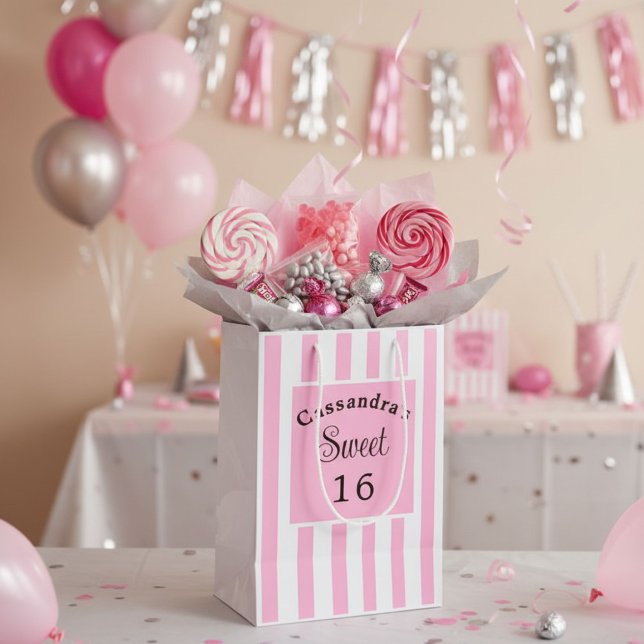 Sac Cadeau Moyen Sweet sixteen rose rayure classique chic (Créateur téléchargé)