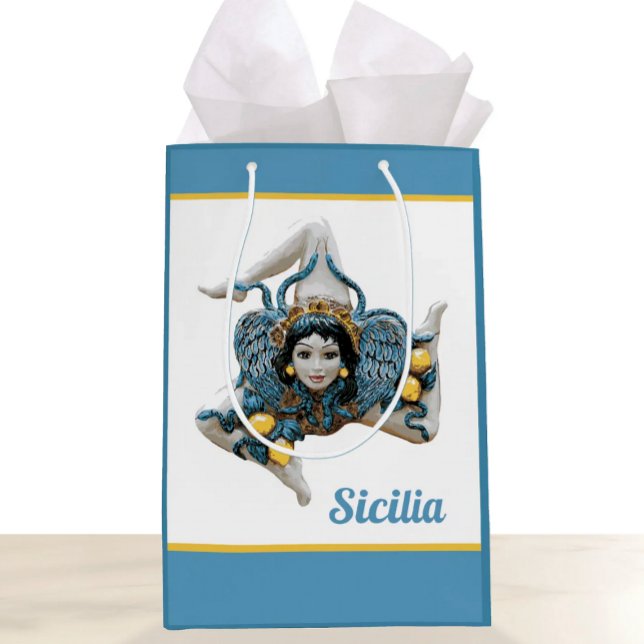 Sac Cadeau Moyen Symbol of Sicily Trinacria Medusa Sicilian (Trinacria of Sicily Gift Bag with Blue Border for Sicilian Heritage celebrations)