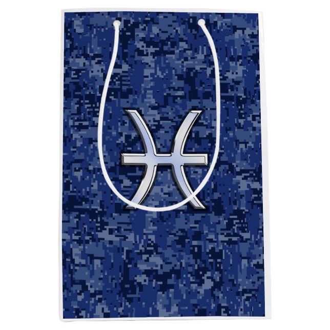 Sac Cadeau Moyen Symbole Zodiac Poissons Argent Marine Camo numériq (Devant)