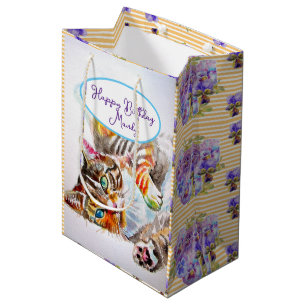 Sac Cadeau Moyen Tabby Chat Chats Cute Aquarelle Femme Nom