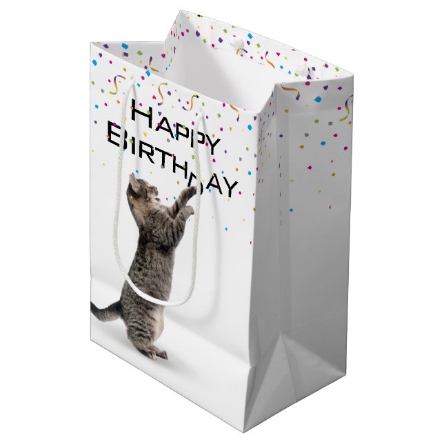 Sac Cadeau Moyen Tabby Chat d'anniversaire avec Confetti (Devant Angle)