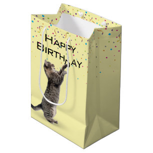 Sac Cadeau Moyen Tabby Chat d'anniversaire avec Confetti