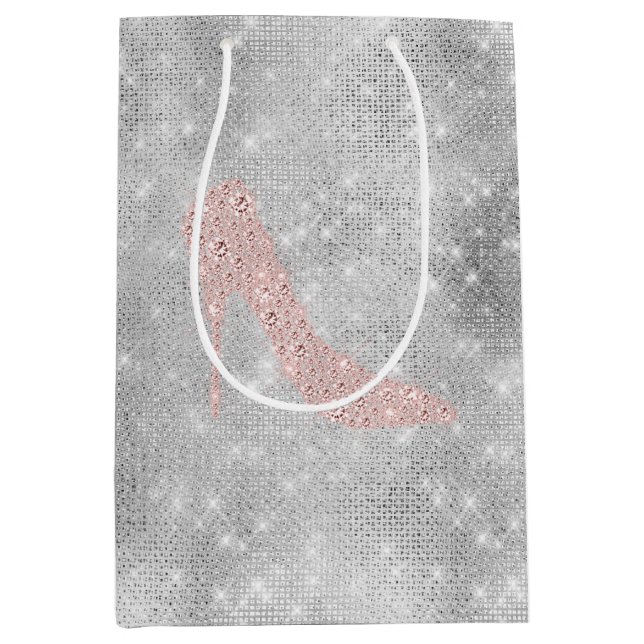 Sac Cadeau Moyen Talons argentés scintillants diamant rose douche d (Devant)