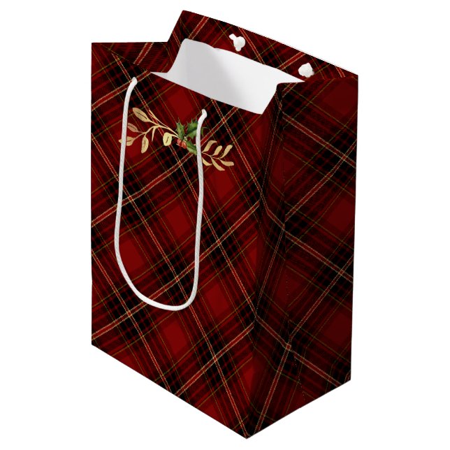 Sac Cadeau Moyen Tartan rouge classique, Feuilles or & Holly (Devant Angle)