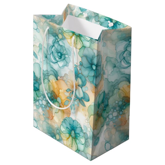 Sac Cadeau Moyen Teal Yellow Floral Alcohol Ink Style Wine, Small, (Dos Angle)