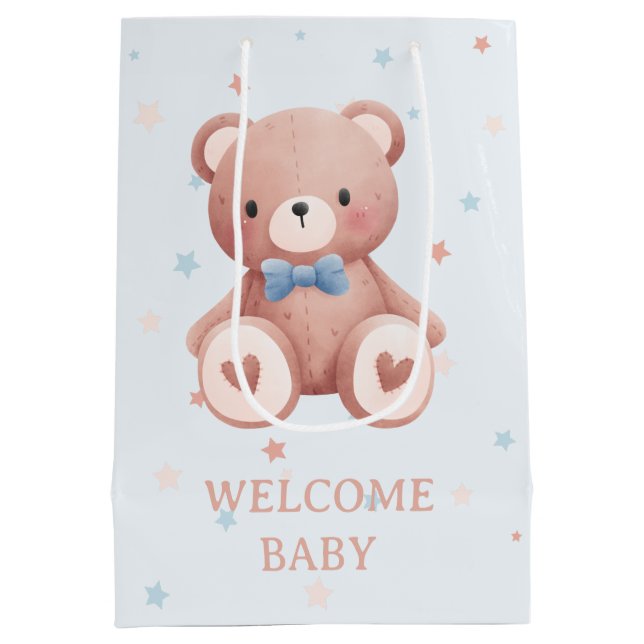 Sac Cadeau Moyen Teddy Bear Baby Boy Shower - Soft Blue Stars (Dos)