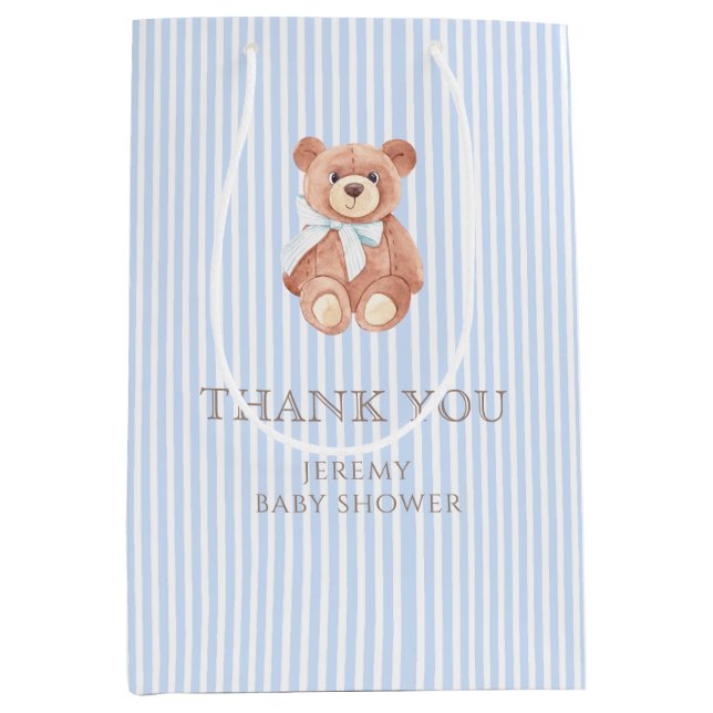 Sac Cadeau Moyen Teddy Bear Boy Classic Blue Stripe Baby shower (Devant)