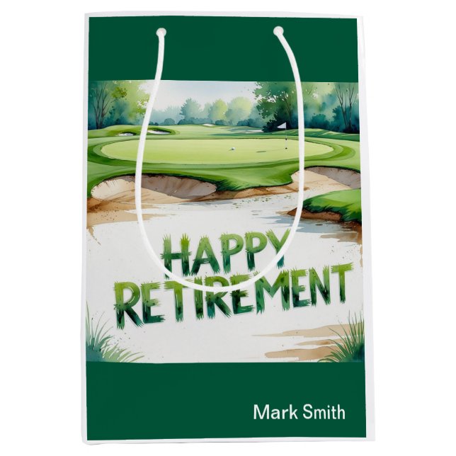 Sac Cadeau Moyen Terrain de golf avec texte Happy Retirez sur vert (Devant)