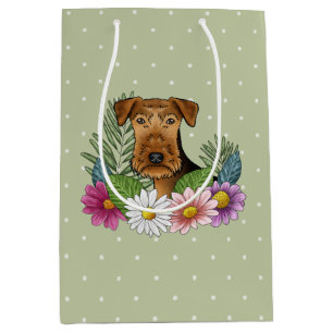 Sac Cadeau Moyen Tervueren Airedale Terriers Fleurs Colorées Vert