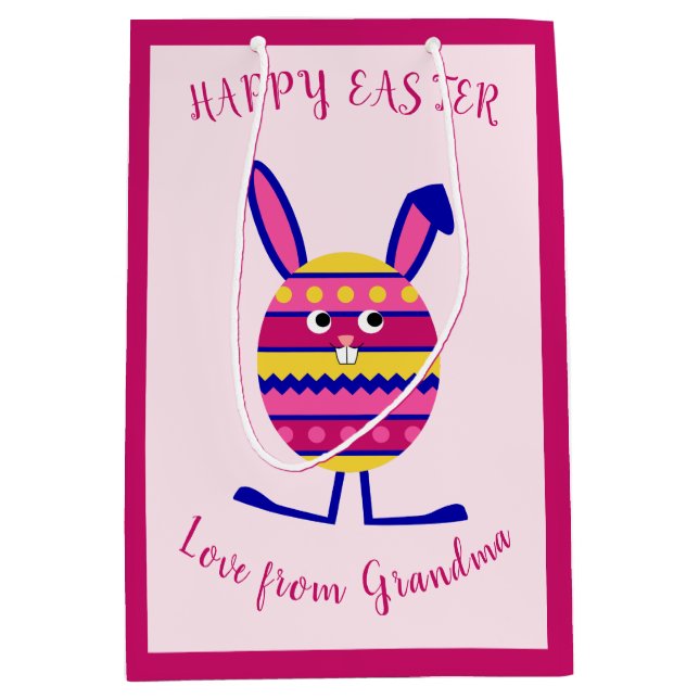 Sac Cadeau Moyen Texte personnalisé de lapin d'oeuf de Pâques rose (Devant)