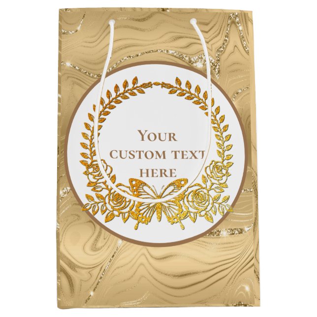 Sac Cadeau Moyen Texte personnalisé, Papillon et Fleur d'or (Devant)