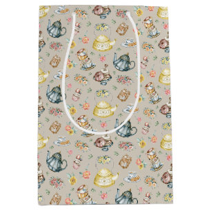 Sac Cadeau Moyen Thé d'après-midi vintage et Motif Rose sur beige