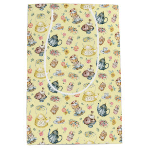Sac Cadeau Moyen Thé d'après-midi vintage et Motif Rose sur Jaune