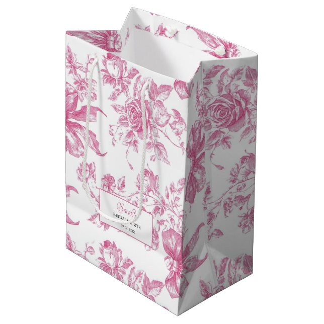Sac Cadeau Moyen Thé de Fleur Sauvage Rose Déjeuner de Mariée (Devant Angle)