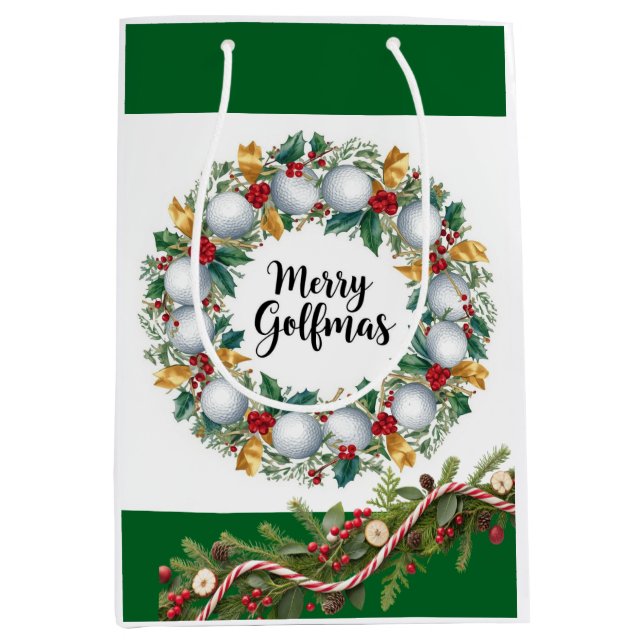 Sac Cadeau Moyen Thème Golf Noël avec Couronne  (Devant)