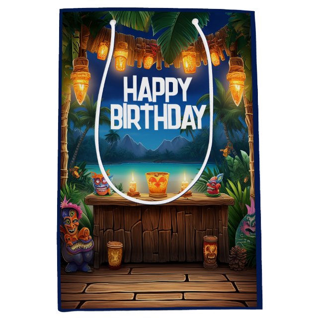 Sac Cadeau Moyen Tiki Luau Hawaiian Tropical Island Beach Anniversa (Devant)