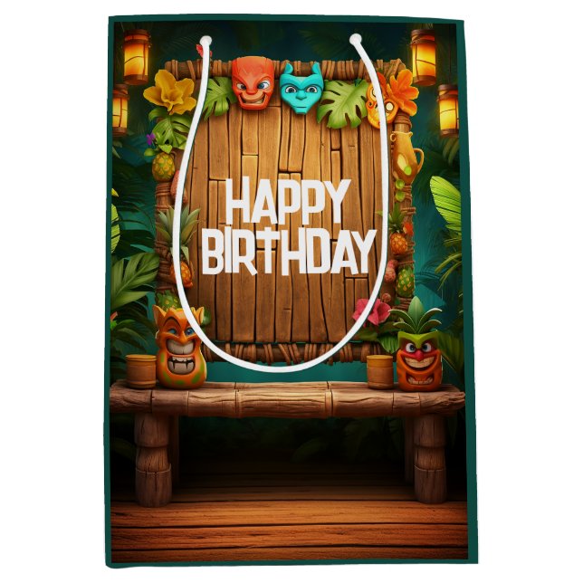 Sac Cadeau Moyen Tiki Luau Hawaiian Tropical Island Beach Anniversa (Devant)