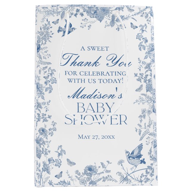 Sac Cadeau Moyen Toile Bleue De Jouy Baby shower Faveurs (Devant)