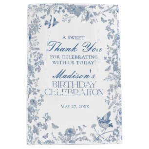 Sac Cadeau Moyen Toile Bleue De Jouy Fête Anniversaire Favorisée