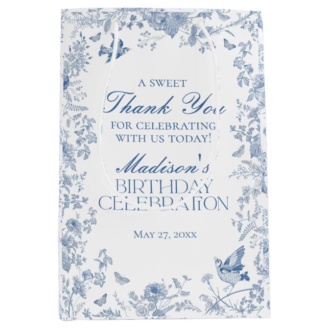 Sac Cadeau Moyen Toile Bleue De Jouy Fête Anniversaire Favorisée (Devant)