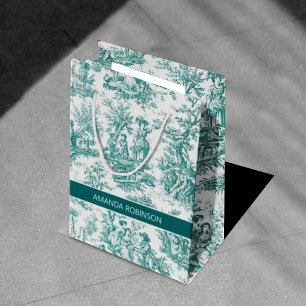 Sac Cadeau Moyen Toile de Jouy Campagne Vintage Turquoise