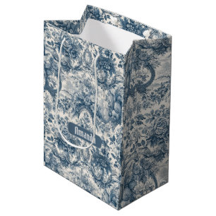 Sac Cadeau Moyen Toile de Jouy Florale Bleue Vintage Monogramme