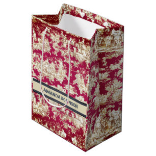 Sac Cadeau Moyen Toile de Jouy Monogramme Rouge Lac Vintage