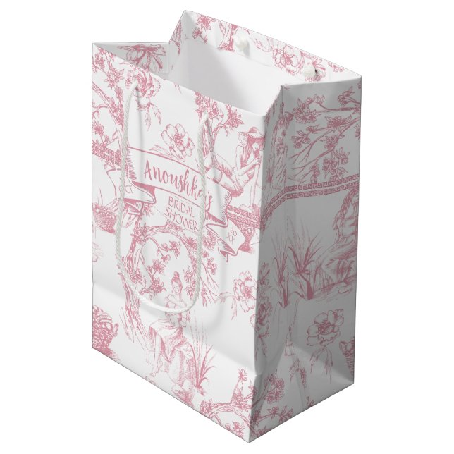 Sac Cadeau Moyen Toile rose et blanche de Jouy Fête des mariées (Devant Angle)