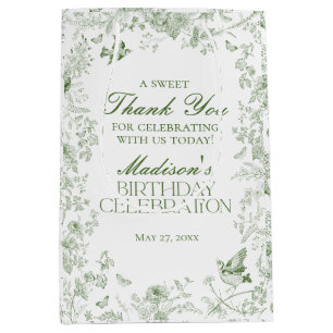 Sac Cadeau Moyen Toile Verte De Jouy Fleur Fête d'anniversaire Fave