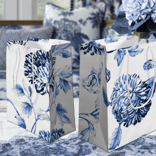 Sac Cadeau Moyen Toile Vintage Botanique Florale Bleu