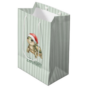 Sac Cadeau Moyen Tortue de Noël à chapeau de Père Noël aquarelle pe