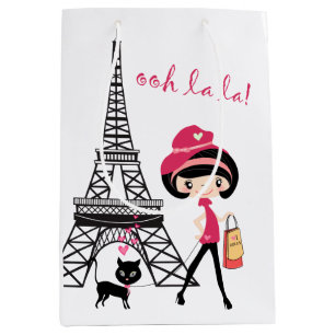 Sac Cadeau Moyen Tour Eiffel Paris Fille et chat Noir et rose