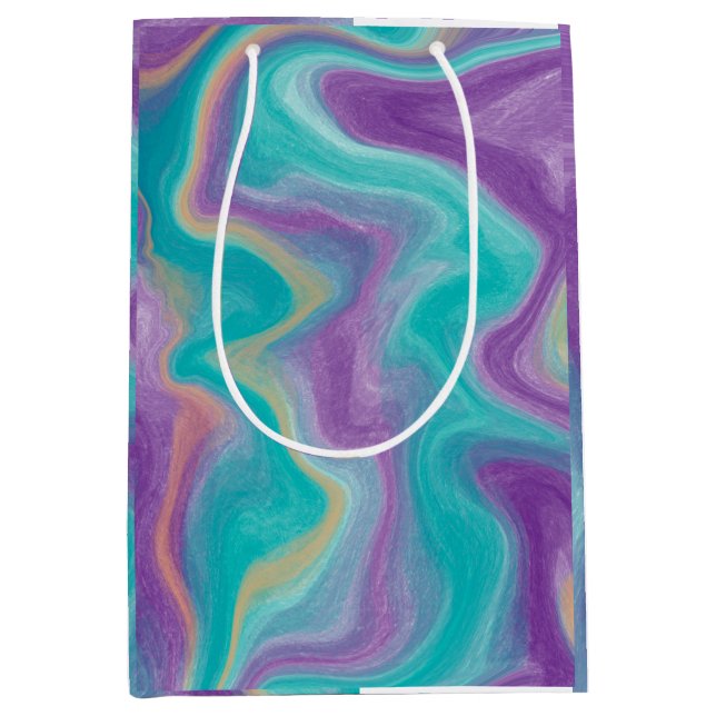 Sac Cadeau Moyen Tourbillons violets, bleus, dorés et sarcelles   (Devant)