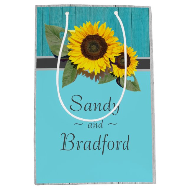 Sac Cadeau Moyen Tournesol Mariage rustique Turquoise en bois gris  (Devant)
