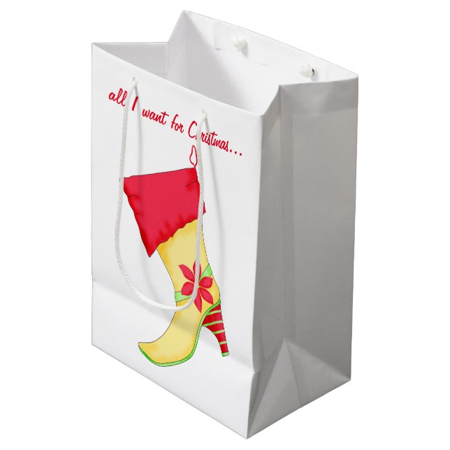 Sac Cadeau Moyen Tout ce que je veux pour Noël Poinsettia Stocking (Devant Angle)
