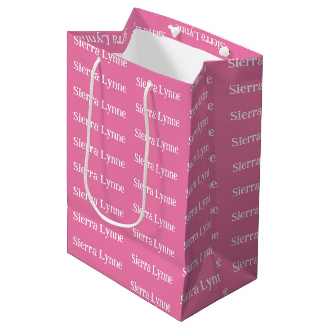 Sac Cadeau Moyen Tout texte nom ou prénom personnalisé rose (Devant Angle)