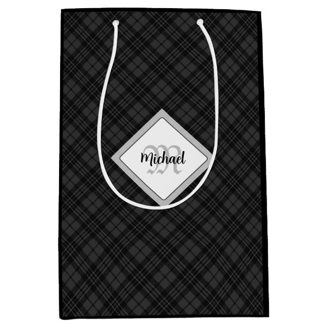 Sac Cadeau Moyen Trendy noir blanc tartan Personnaliser Monogramme (Devant)
