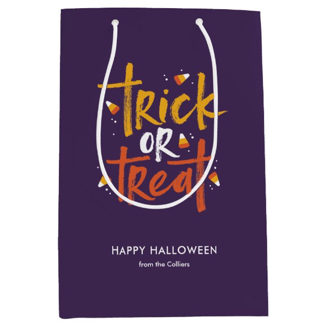 Sac Cadeau Moyen Tricoter ou traiter l'Halloween du maïs bonbon (Devant)