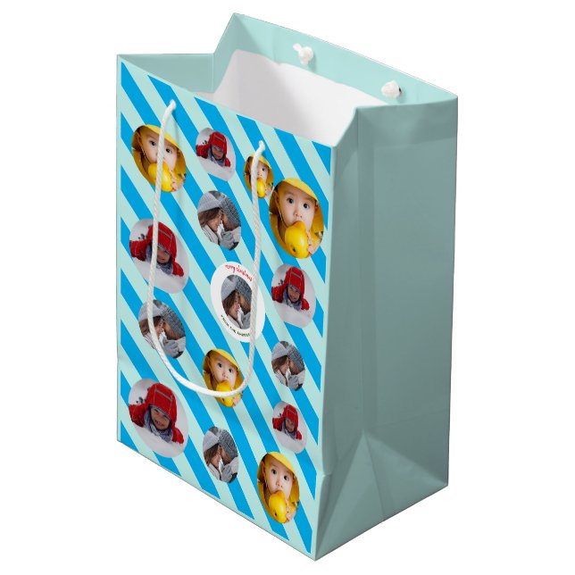 Sac Cadeau Moyen Trois photos personnalisées Bleu Bleu Fab Noël (Devant Angle)